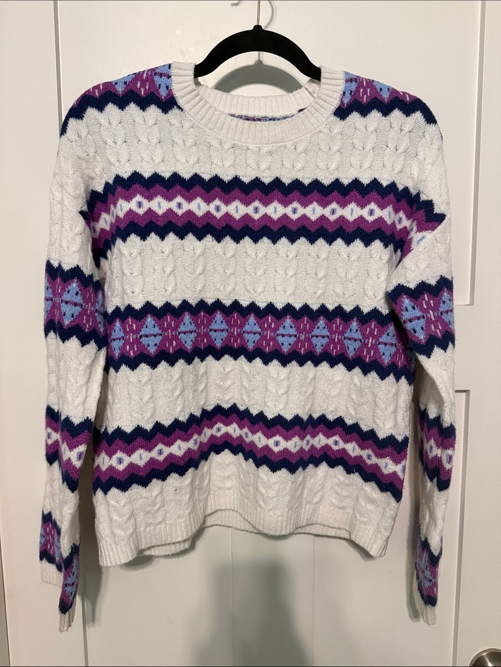 LOFT White Cable Knit Crewneck Sweater with Purple and Blue Fair Isle Size XS